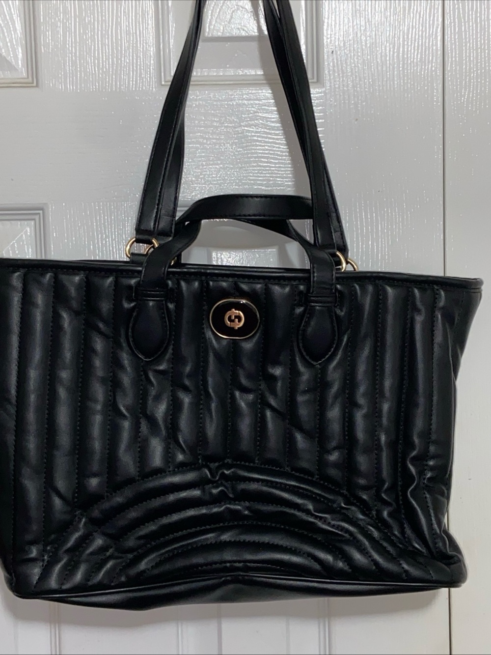 Time and Tru Black Quilted Shoulder Tote with Gold Turn-Lock